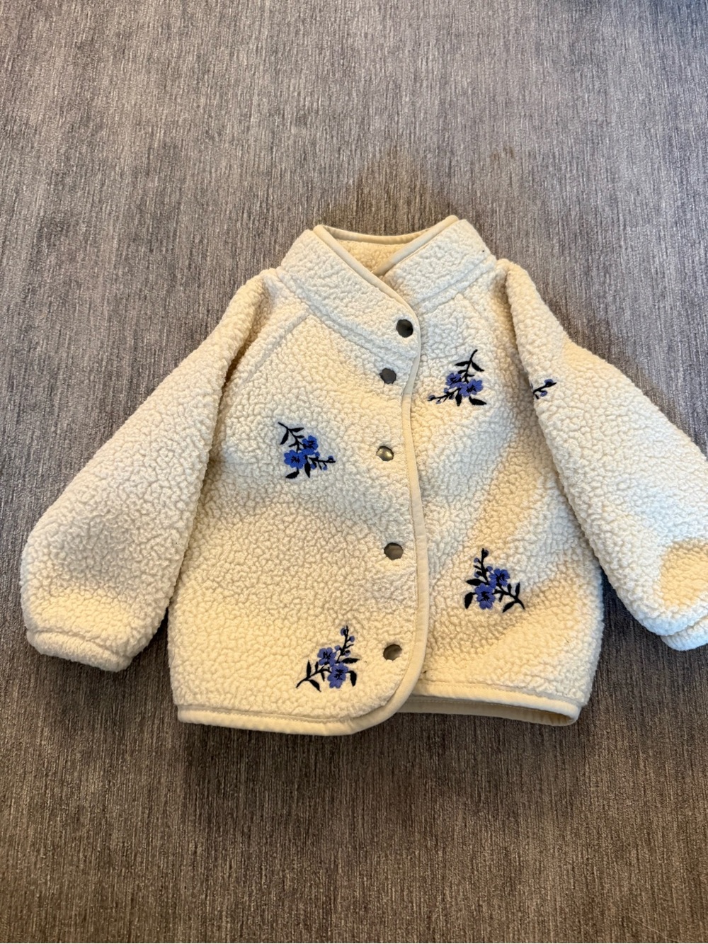 Cream Sherpa Kids Jacket with Blue Floral Embroidery